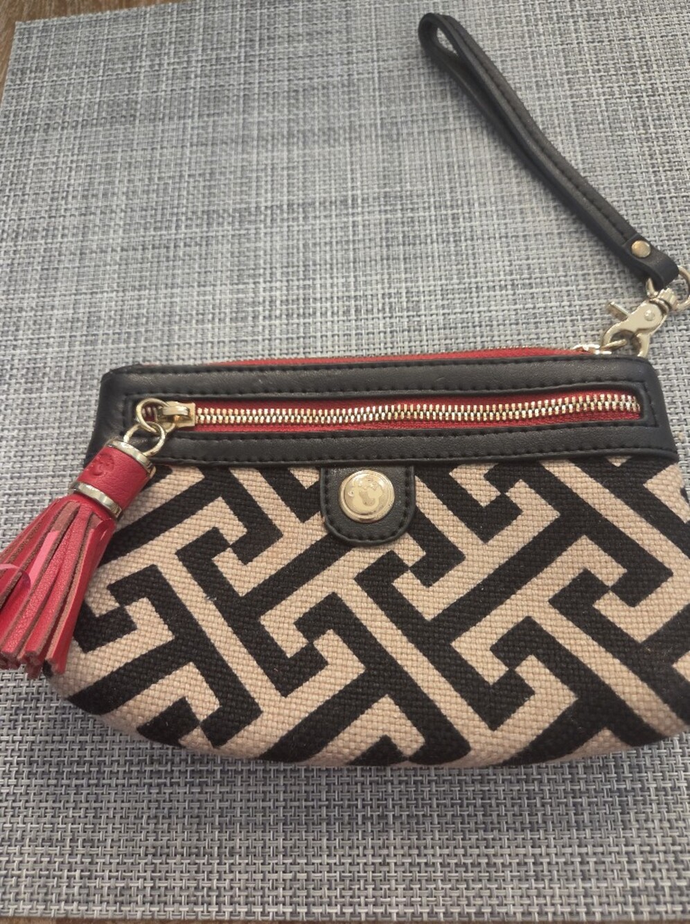 Spartina 449 Black & Beige Geometric Wristlet with Red Tassel